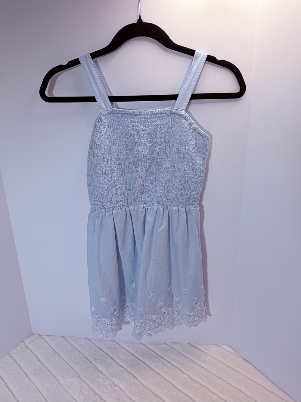 Girls' 12/12 - Light Blue Smocked  Romper with Eyelet Hem/lace